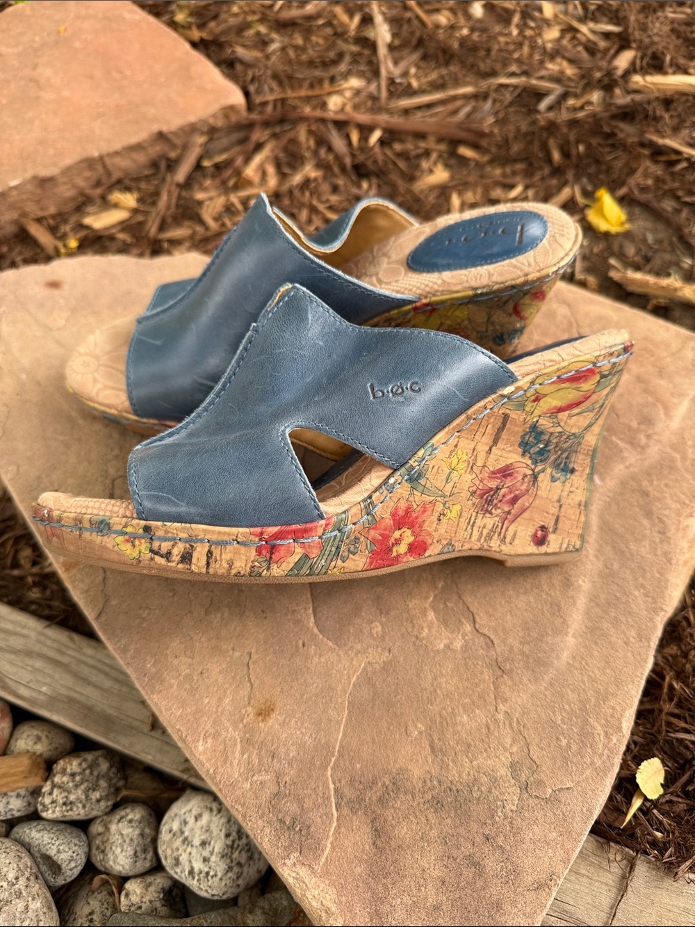 b.o.c. Blue Leather Floral Cork Wedge Sandals